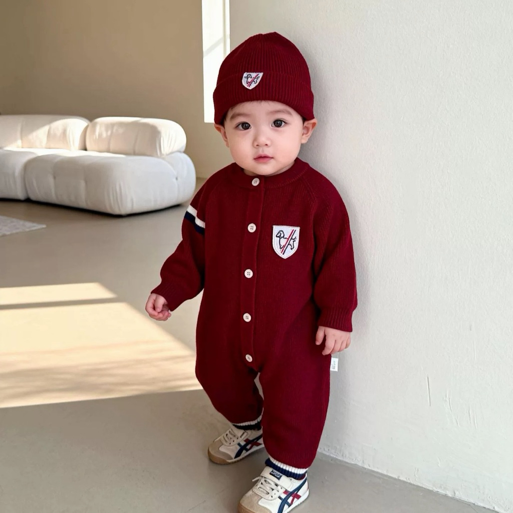 0832-Body len kèm mũ cho bé HK KIDS, bodysuit áo liền quần len Quảng Châu mềm mịn đanh lì sz cho bé 