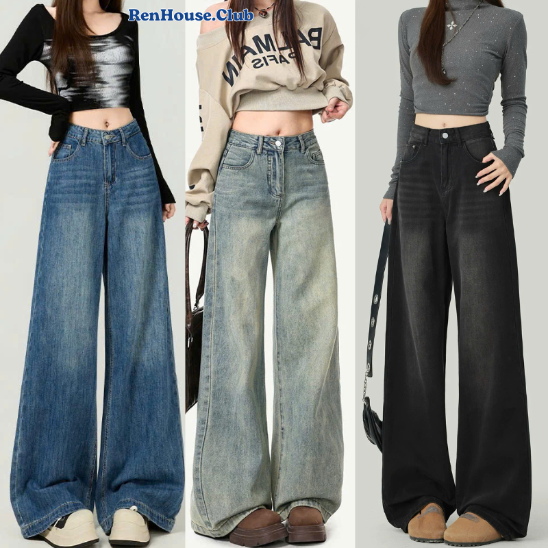 Quần Jeans Dài Wash Renhouse Suông Rộng Cạp Cao TônDáng Cực xinh MÀU Xanh WASH Xám Bạc Ống Đứng Phon