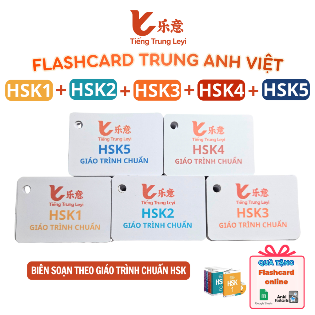 Flashcard Tiếng Trung HSK1 HSK2 HSK3 HSK4 HSK5 học từ vựng Trung Anh Việt (Tặng Flashcard Online) Ti