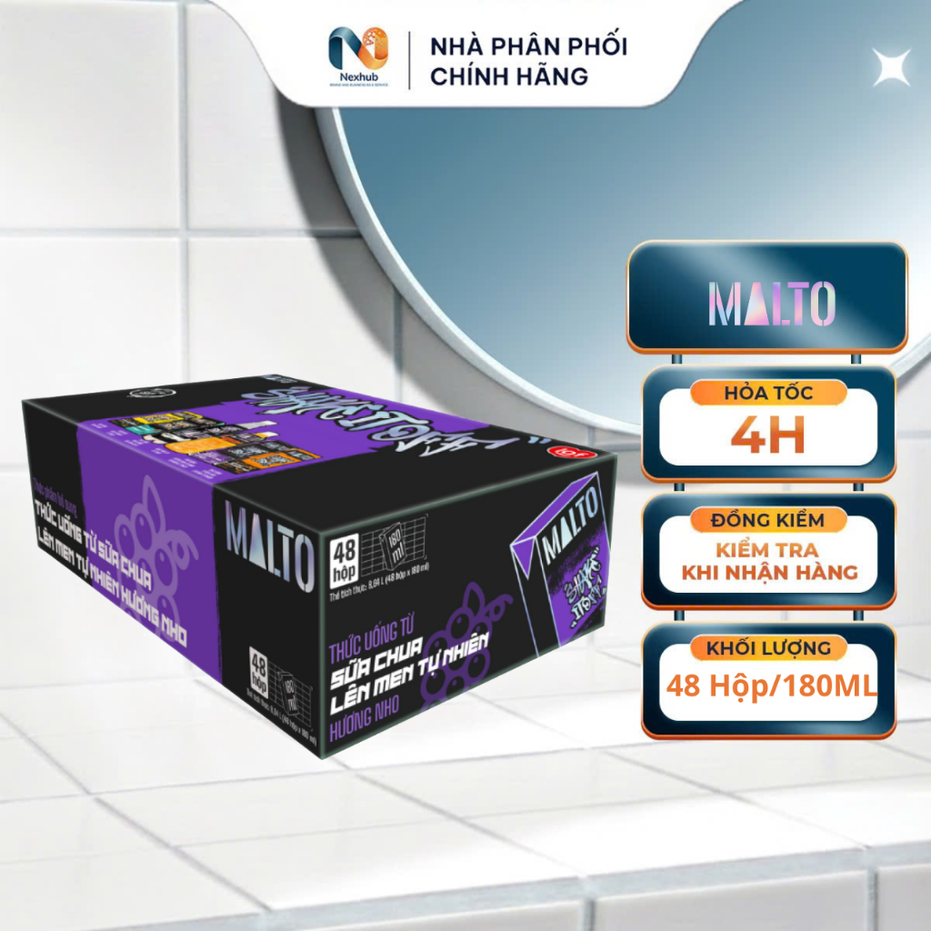 Thùng 48 Hộp Sữa Chua Uống MALTO Hương Nho, Lên Men Tự Nhiên Hỗ Trợ Tiêu Hóa - Hộp 180ml