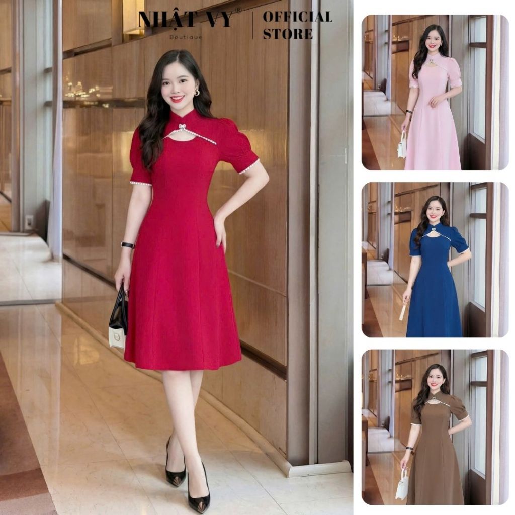 Đầm dự tiệc Nhật Vy cổ tàu tay bồng viền ren nhỏ form dáng xoè chất lụa phù hợp đi chơi dạo phố sang chảnh - D2963