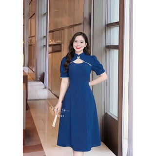 Đầm dự tiệc Nhật Vy cổ tàu tay bồng viền ren nhỏ form dáng xoè chất lụa phù hợp đi chơi dạo phố sang chảnh - D2963