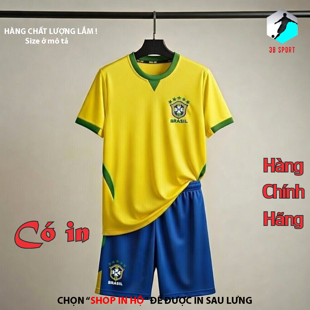 [Nhận in tên số theo yêu cầu]Quần Áo Bóng Đá, Đồ Đá Banh Brazil vàng vải Mè S-COMF cao cấp