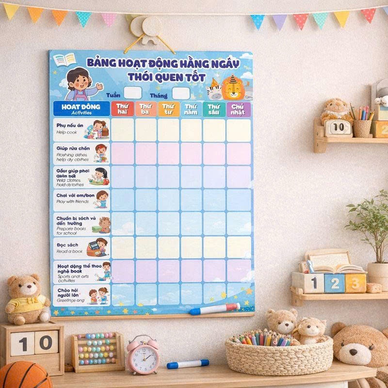 Bảng khen thưởng rèn luyện kỷ luật bảng hoạt động rèn luyện thói quen tốt cho bé khổ A3-A4( ko kèm phụ kiện và dây)