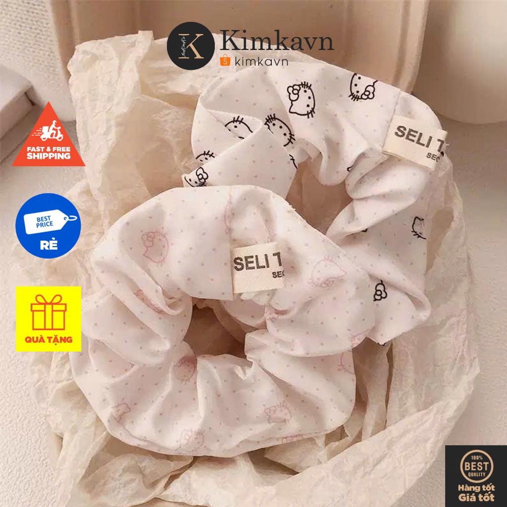 (1513) Scrunchies Hello Kitty, Chun Buộc Tóc Vải Tone Trắng In Hình Dễ Thương