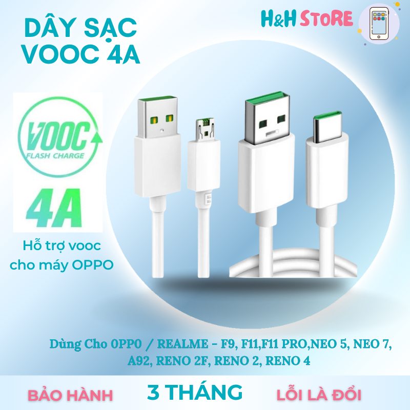 Dùng Cho 0PP0/REALME Dây Cáp Sạc Nhanh VOOC 4A - Dây Sạc USB/Type C 1m Cho F9, F11, F11 PRO, NEO 5, 