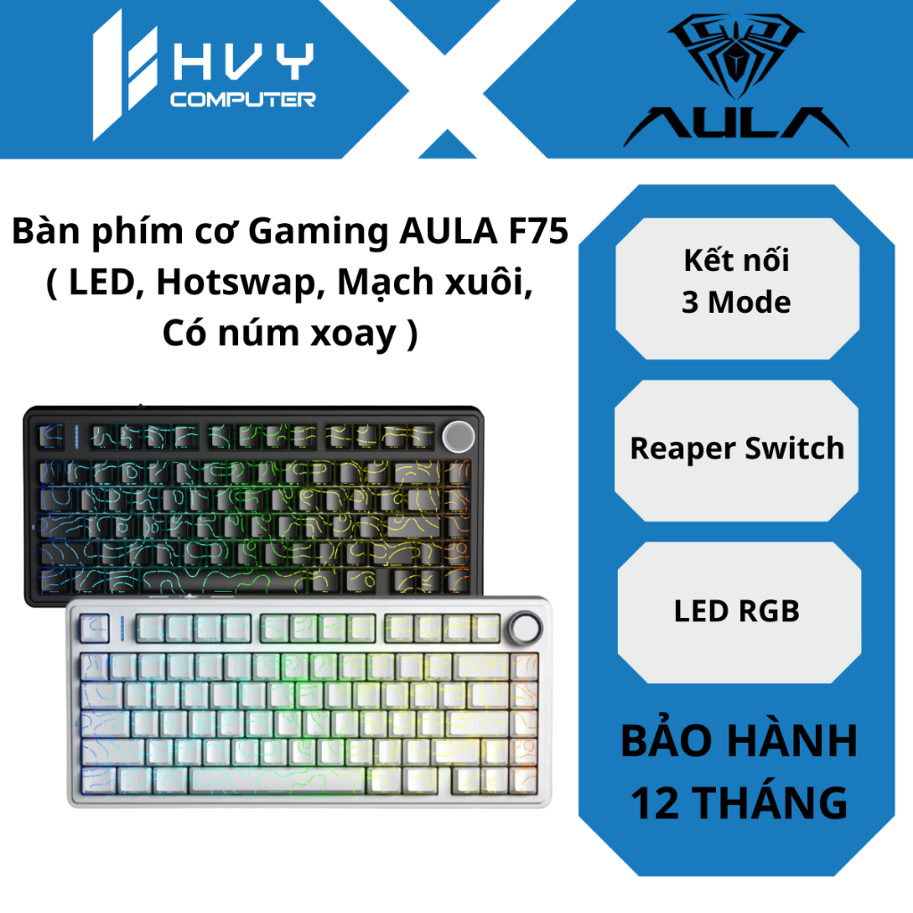Bàn phím cơ Gaming AULA F75 ( LED, Hotswap, Mạch xuôi, Có núm xoay ) - Hàng Chính Hãng