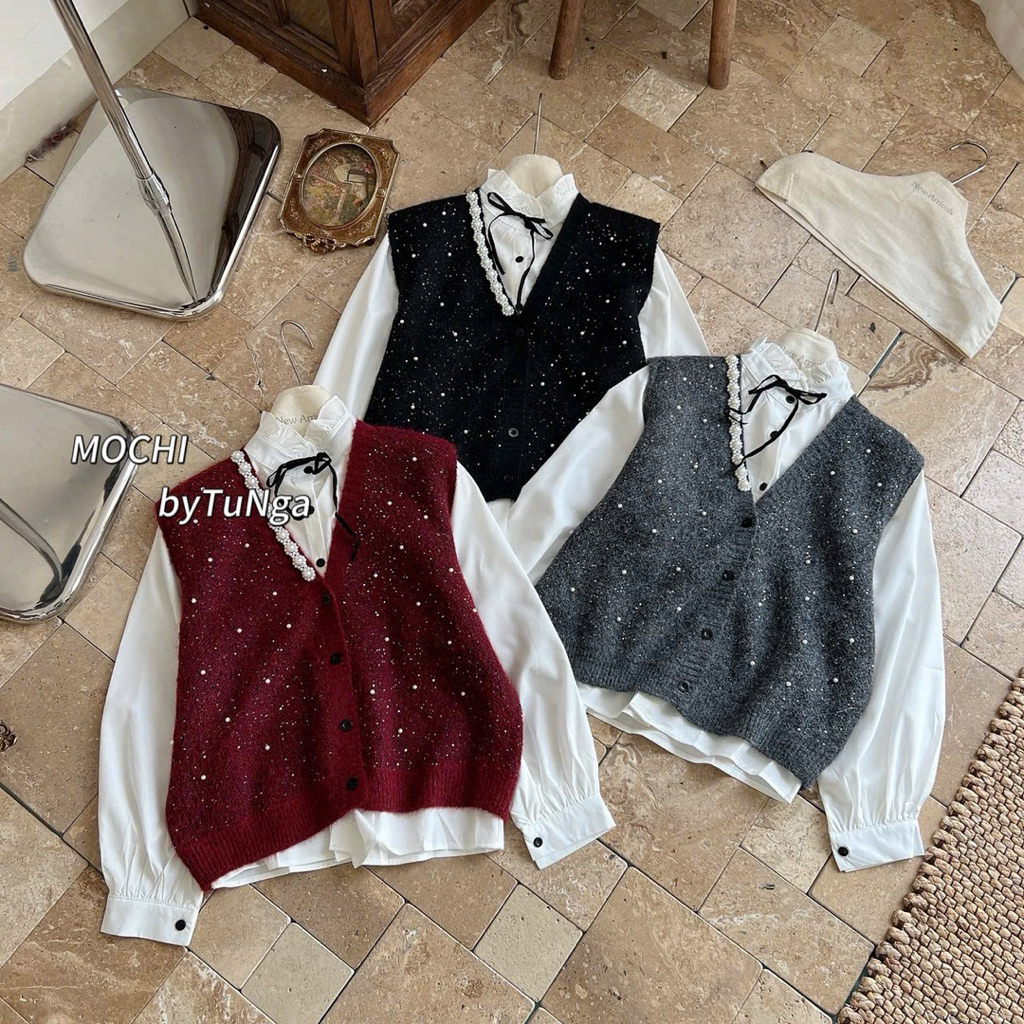 Set áo gile cổ ngọc bling bling kèm áo sơ mi cổ bèo nơ quá xinh hàng QC freesize