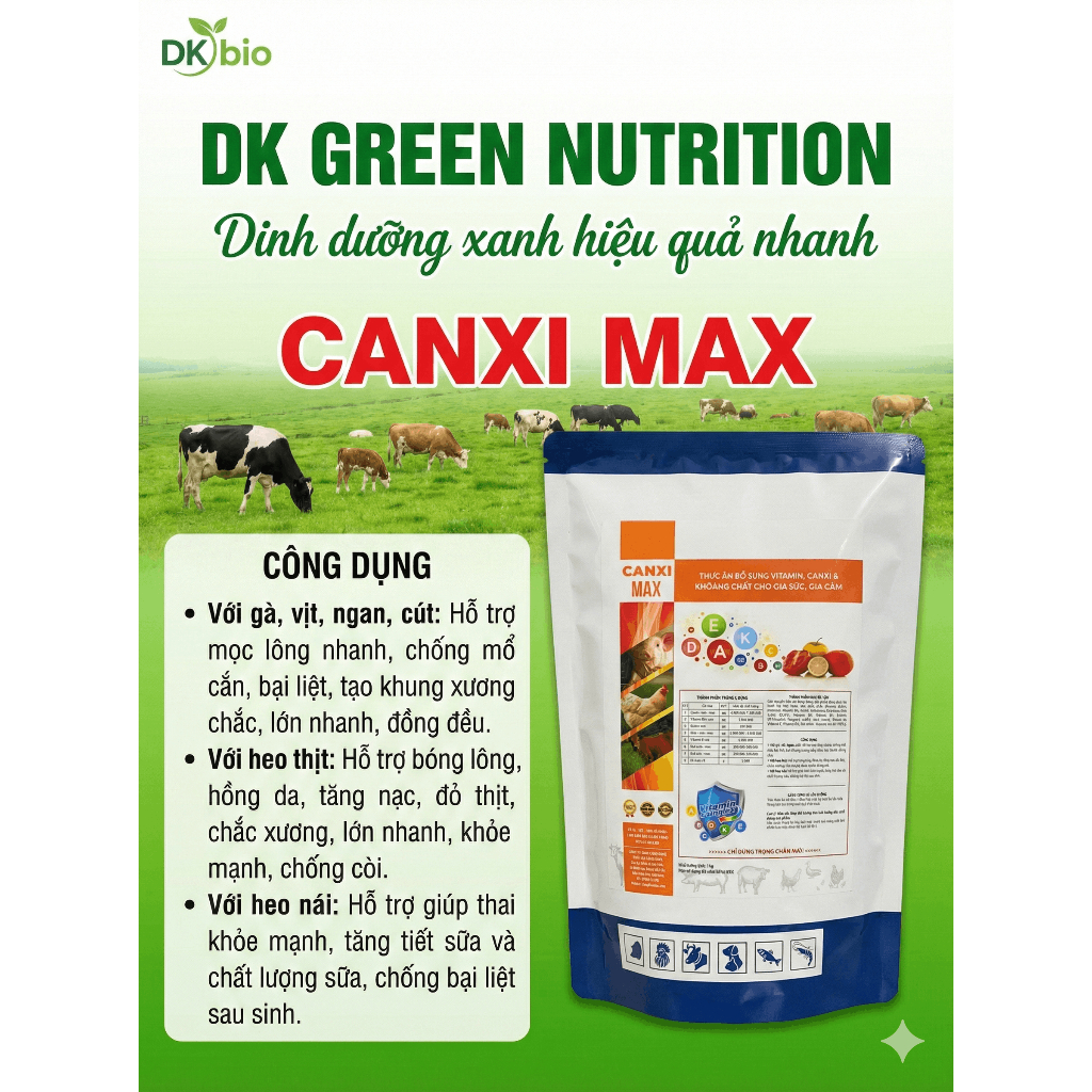 Canxi max DK Green Nutrition Canxi B12 tăng khung, chống bại liệt, khỏe chân móng, vỏ trứng dày