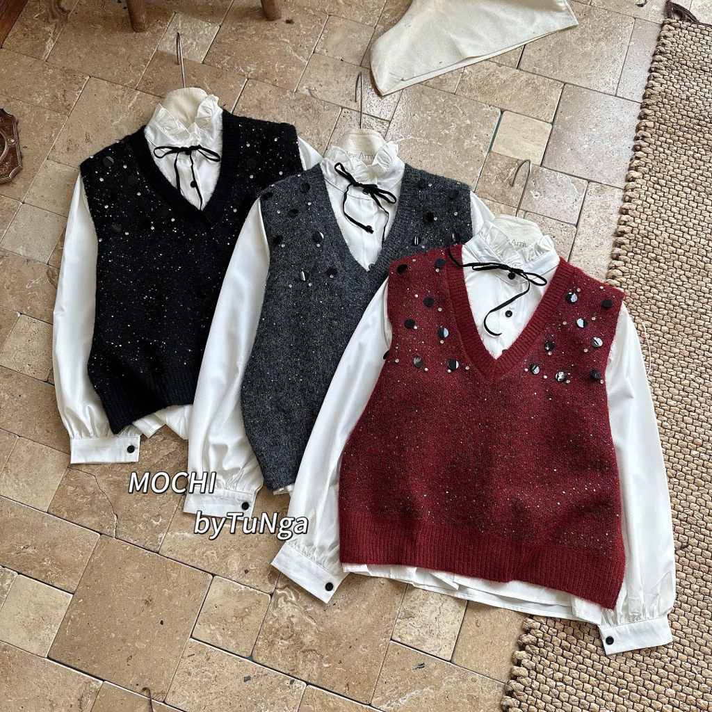 Set áo gile cổ V cườm  bling bling kèm áo sơ mi cổ bèo nơ siêu hot hàng QC freesize