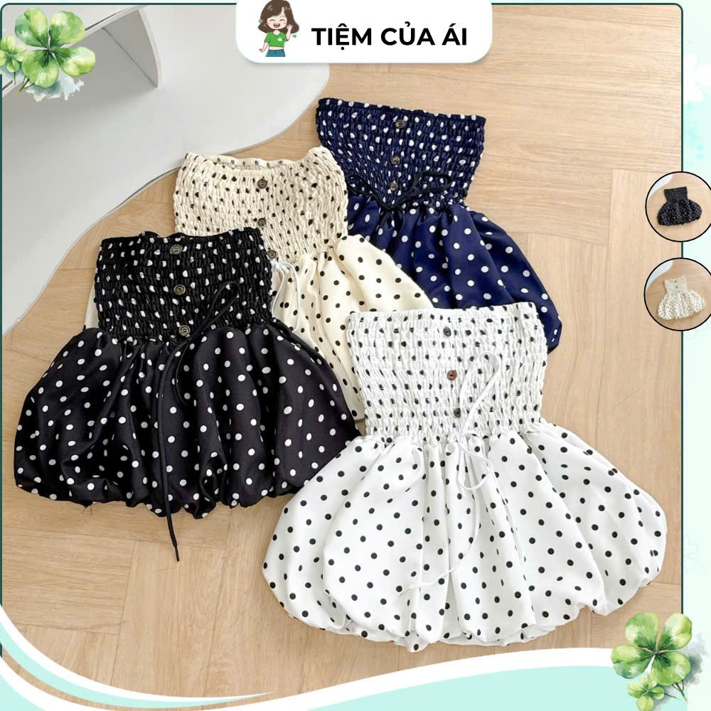 Áo Ống Nữ Chấm Bi, Hoa Nút Nhựa Đính Dây Giữa Ngực Form Bí Babydoll Bồng