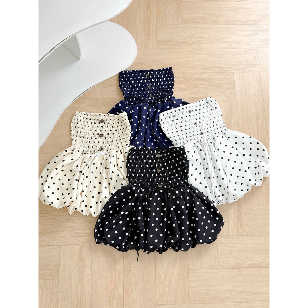 Áo Ống Nữ Chấm Bi, Hoa Nút Nhựa Đính Dây Giữa Ngực Form Bí Babydoll Bồng | BigBuy360 - bigbuy360.vn