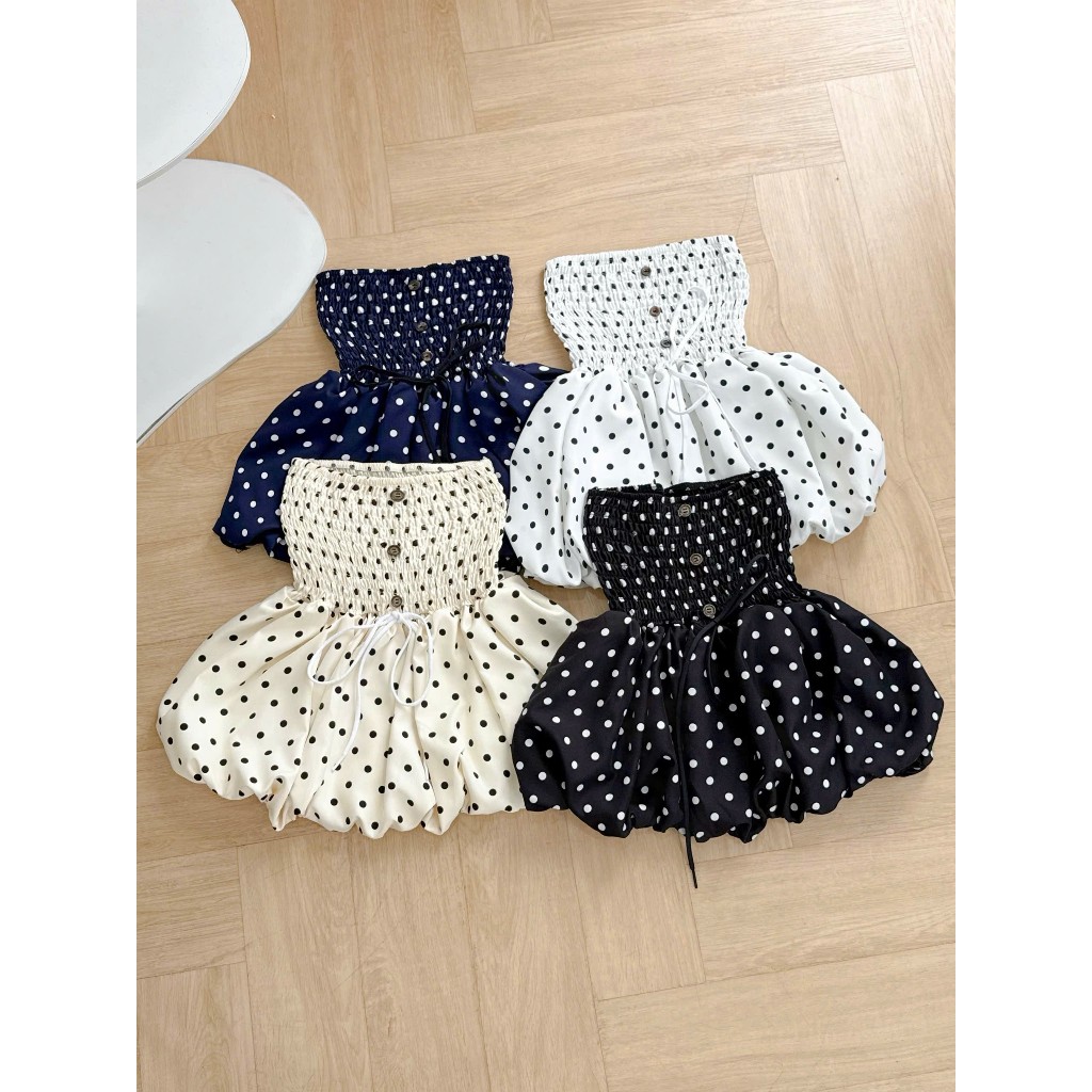 Áo Ống Nữ Chấm Bi, Hoa Nút Nhựa Đính Dây Giữa Ngực Form Bí Babydoll Bồng | BigBuy360 - bigbuy360.vn