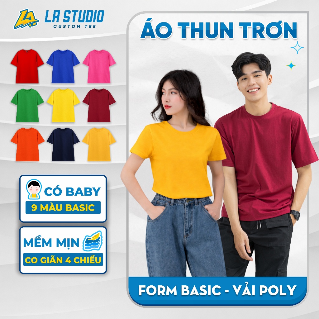 Áo Thun Trơn Poly Nhiều Màu Basic Nam Nữ Dày Mịn Co Giãn Đủ Size | LA STUDIO