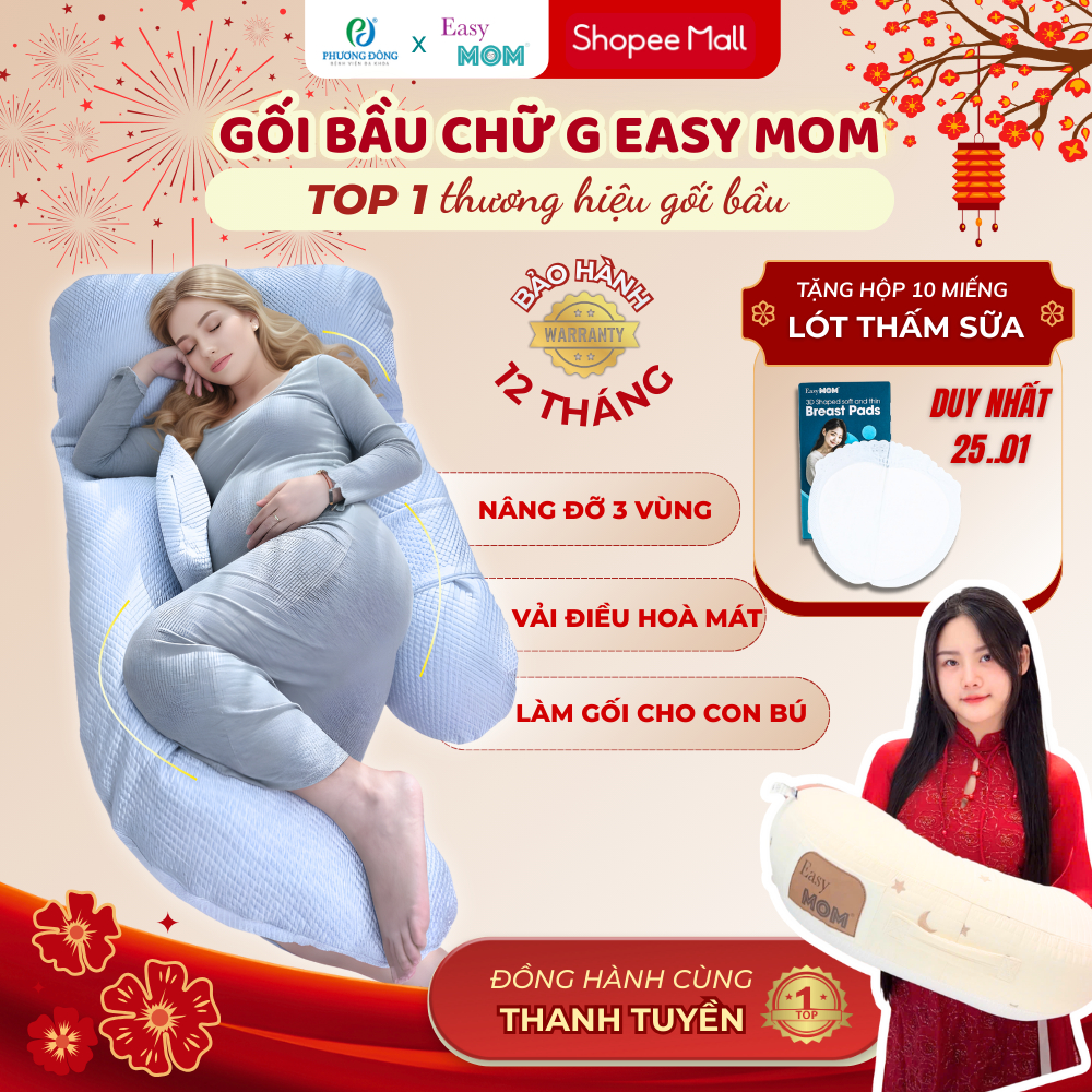 Gối Bầu Chữ G Vỏ Điều Hòa Easy MOM mát lạnh, thoáng khí cho mẹ bầu ôm kê bụng ngủ ngon không nóng