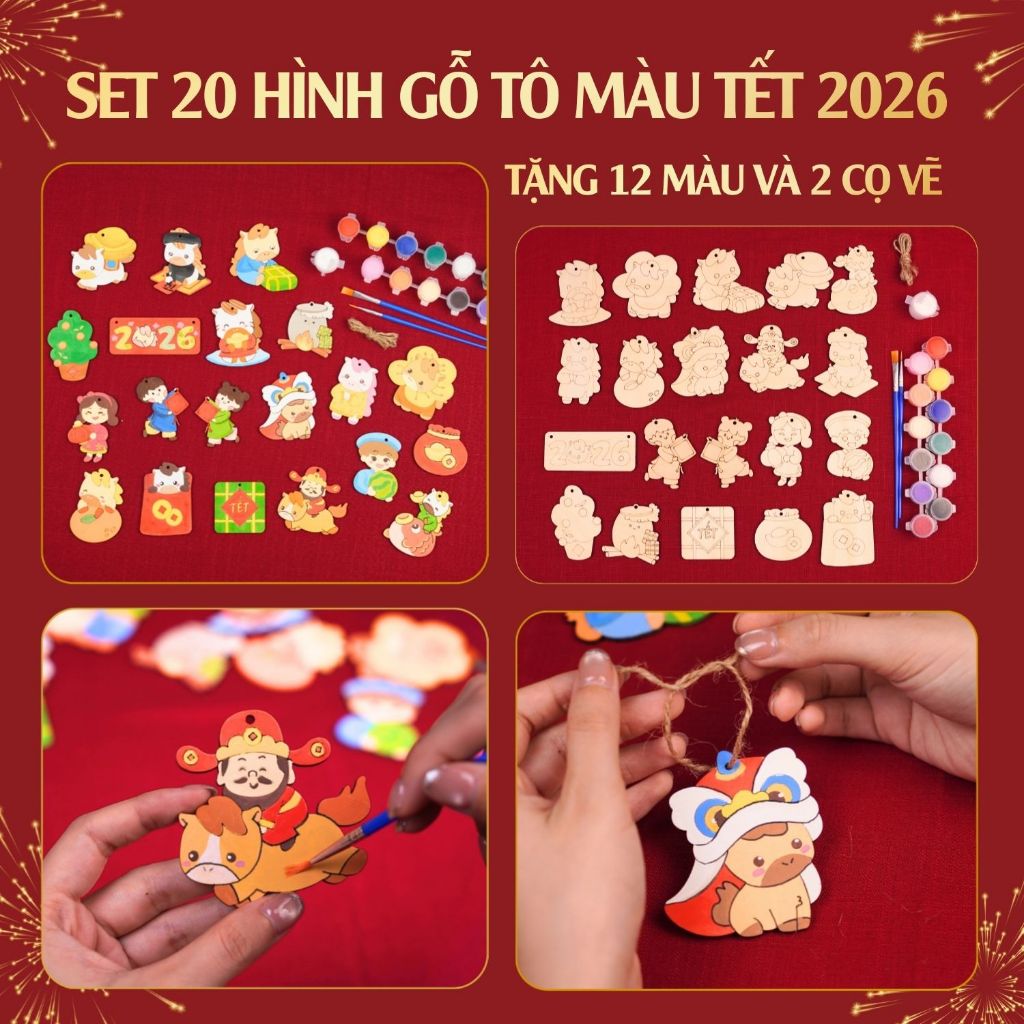 Set 20 hình gỗ tô màu cho bé tết 2026 Tiệm tạp hoá Nhà May đồ chơi DIY decor trang trí tết tặng 12 m