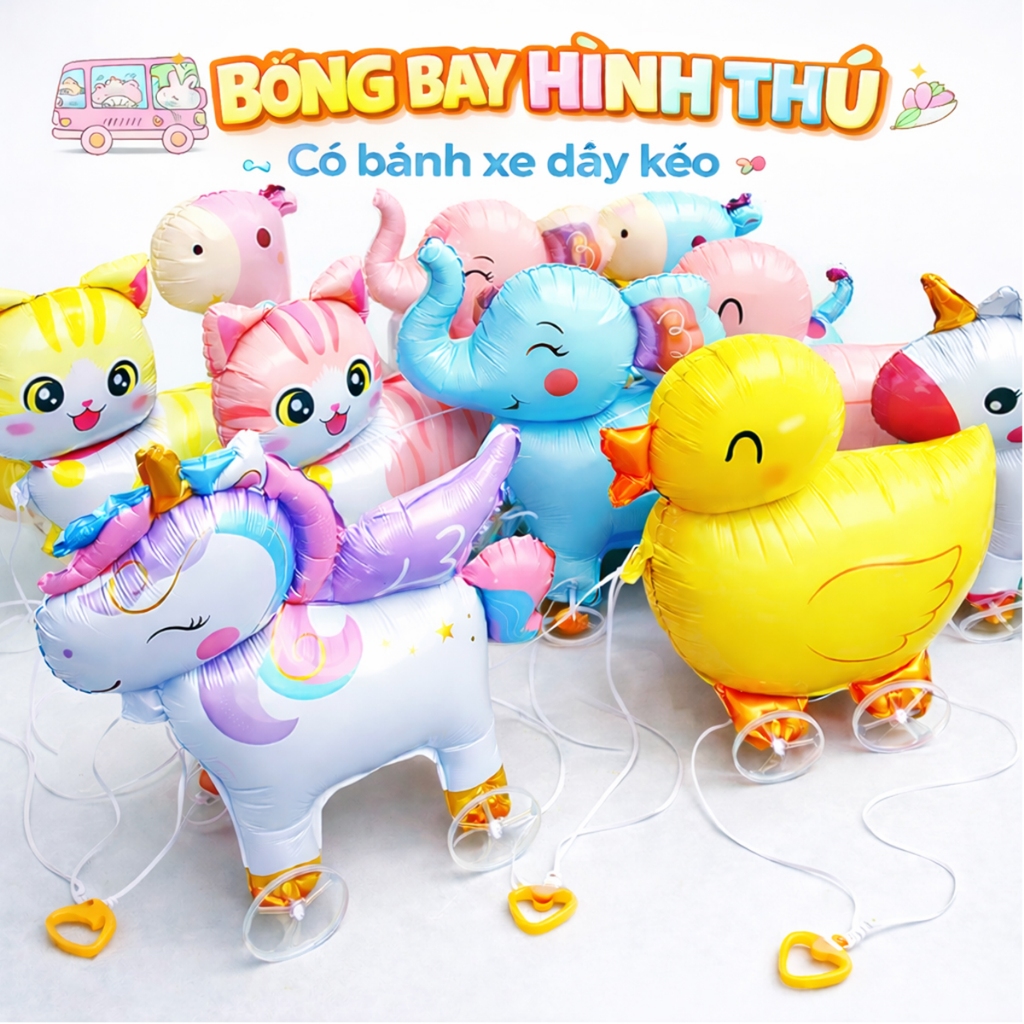 [FUNGUS] Bóng bay động vật 4D có bánh xe và dây kéo, xe đồ chơi trang trí quà tặng cho các bé
