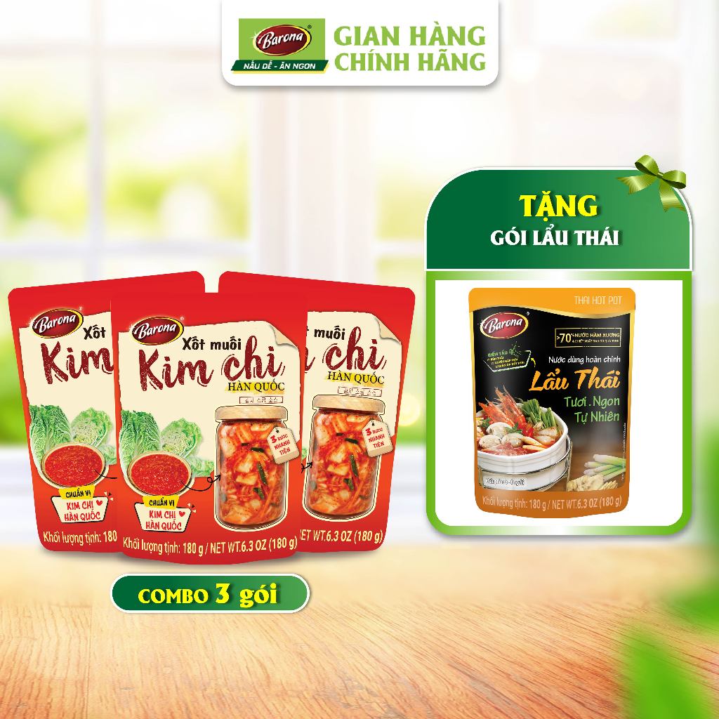 Xốt Muối Kim Chi Hàn Quốc Barona 180g, Combo 3 gói Tặng 1 gói Nước Dùng Lẩu Thái Barona 180g