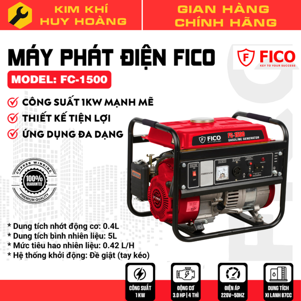 Máy Phát Điện FICO Chính Hãng Công Suất 1000w Động Cơ Lõi Đổng Bảo Hành 12 Tháng
