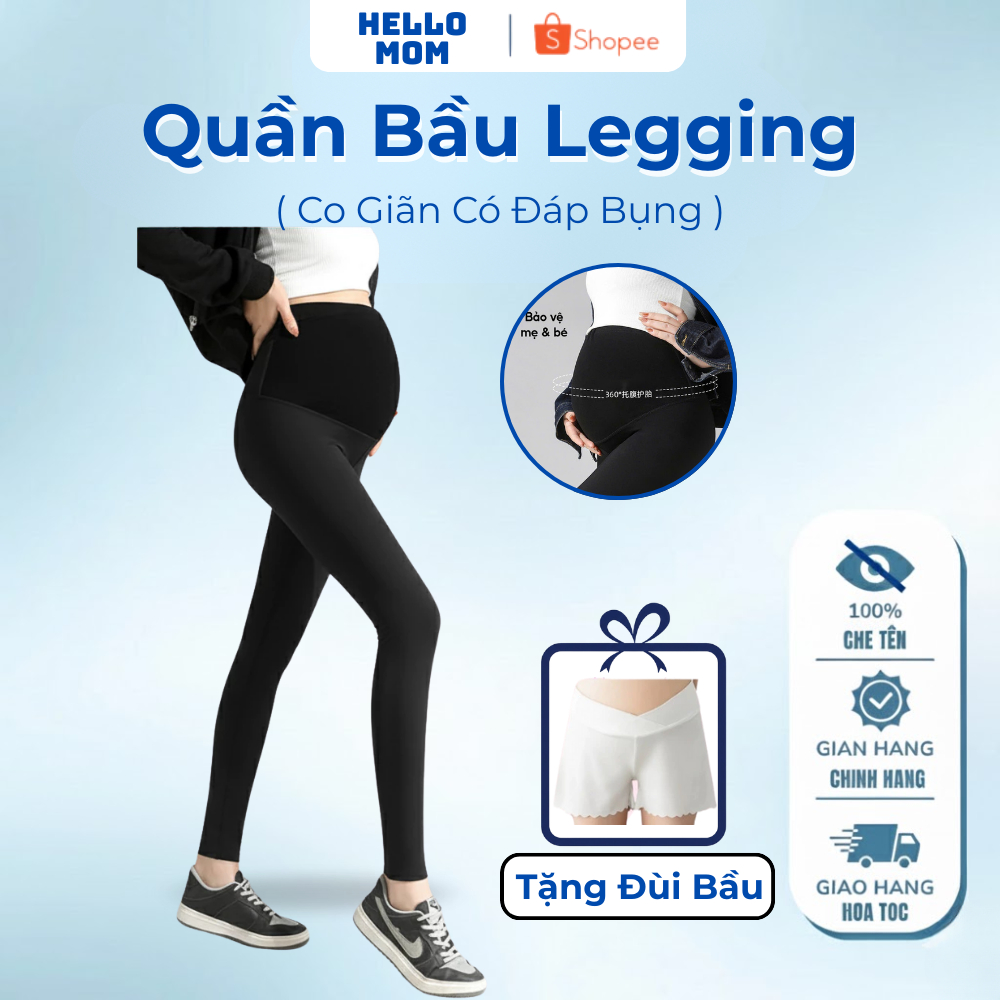 Quần Legging Bầu Đáp Bụng Hello Mom, Quần Legging Bầu Có Chun Điều Chỉnh Chất Cotton Co Giãn 4 Chiều
