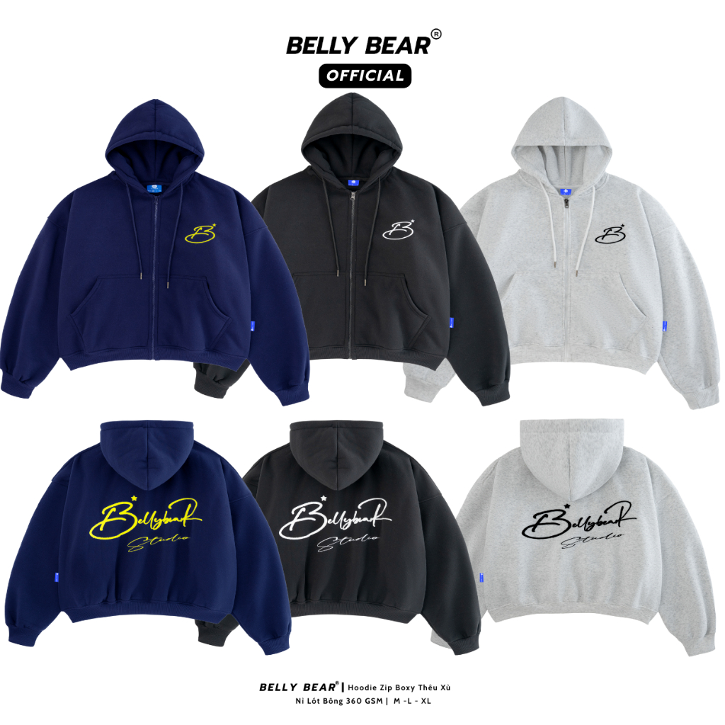 Áo Khoác Hoodie Zip 𝗕𝗘𝗟𝗟𝗬 𝗕𝗘𝗔𝗥 Chữ B Star Script Form Boxy Rộng Thêu Xù
