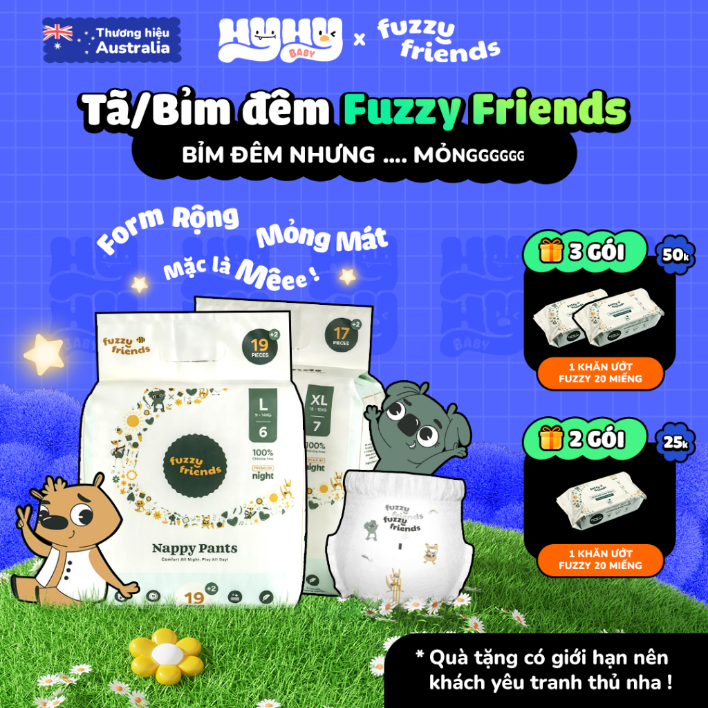 Tã Bỉm Dán và Quần Đêm FUZZY FRIENDS Úc – Bỉm Đêm Siêu Mỏng, Không Tẩy Trắng, An Toàn Cho Bé – Size 