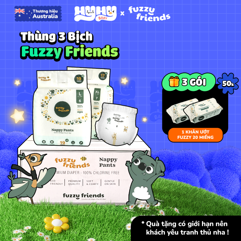 [COMBO 1 THÙNG 3 BỊCH] Tã Bỉm Dán và Quần Đêm FUZZY FRIENDS Úc – Bỉm Đêm Siêu Mỏng, Không Tẩy Trắng,