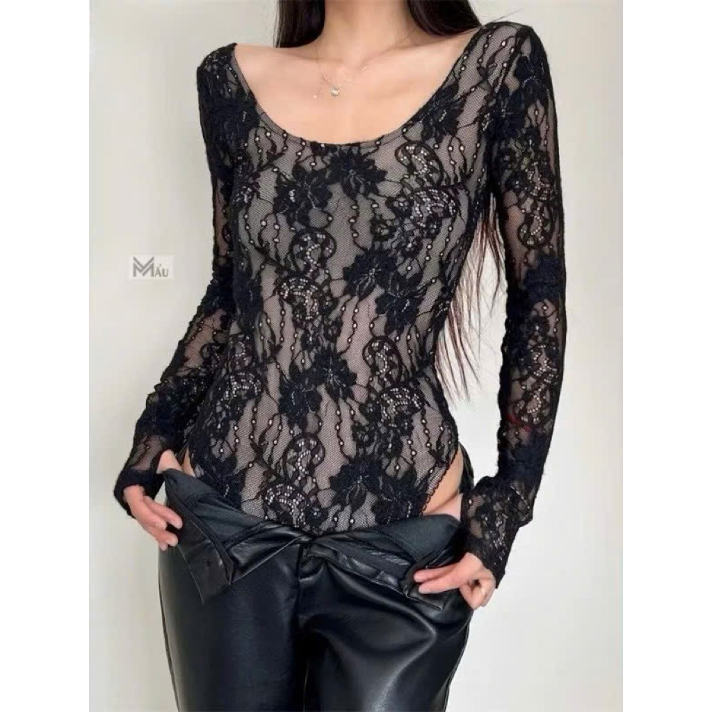 Áo bodysuit ren dài tay cổ vuông nữ slay d56