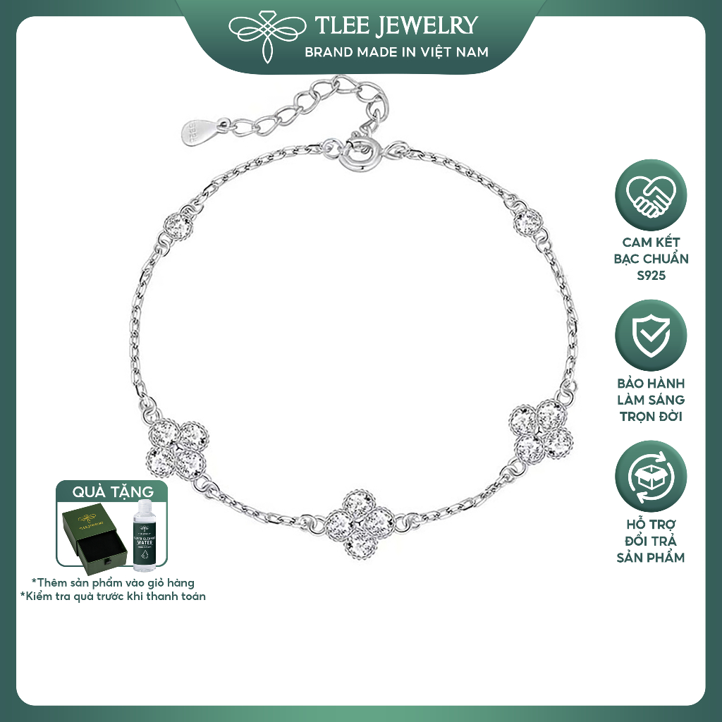 Lắc tay bạc nữ TLEE bốn lá đính đá 3 charm mix ổ đá tròn sang trọng, may mắn TLEE JEWELRY LT0490
