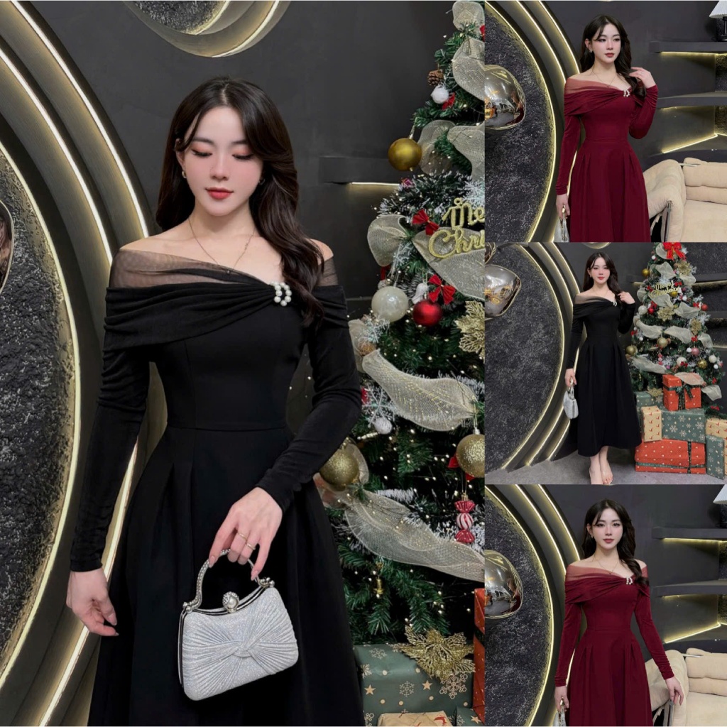 VK32 - Váy Thiết Kế Evii dành cho nữ, Đầm thiết kế trễ vai nhún kim cương mix lưới, dáng A xòe dài