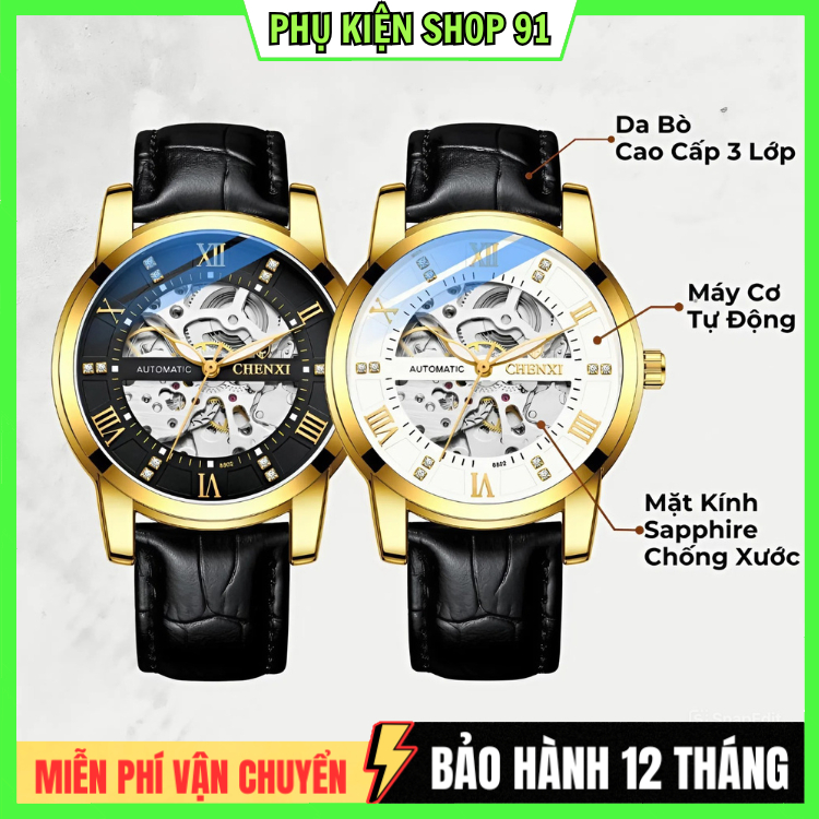 Đồng hồ cơ nam Chenxi dây da lộ máy tự động cao cấp CX-8802 [BẢO HÀNH 12 THÁNG]