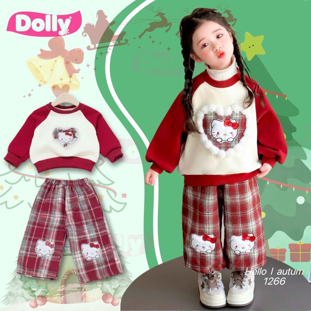 Bộ nỉ thu đông bé gái màu đỏ mặc Tết họa tiết mèo kitty xinh xắn phối quần caro vải dạ ấm áp Dolly K