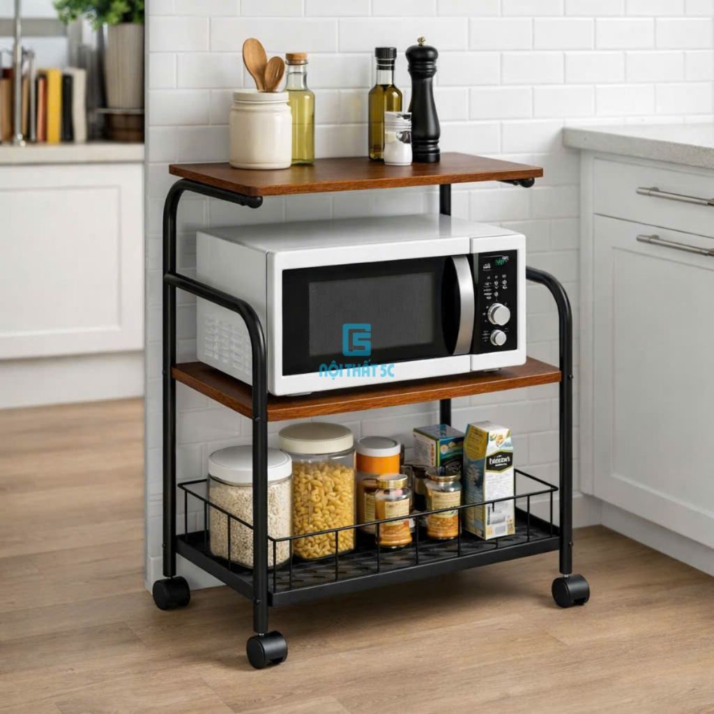 Kệ để lò vi sóng đa năng có bánh xe 3 tầng, 4 tầng để lò vi sóng, để sách vở khung thép sơn tĩnh điệ