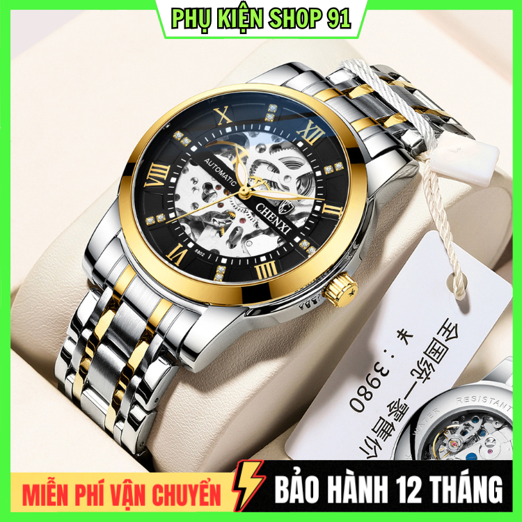 Đồng hồ nam CHENXI cơ lộ máy, chống nước tốt, size mặt 40mm (CX-8802 bản dây kim loại)