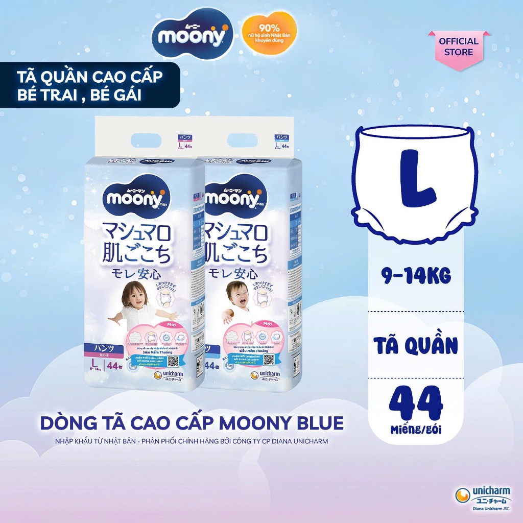Tã quần Moony cao cấp Bé Gái Bé Trai L44/XL38/XXL26/XXXL14 - Nhập khẩu Nhật Bản
