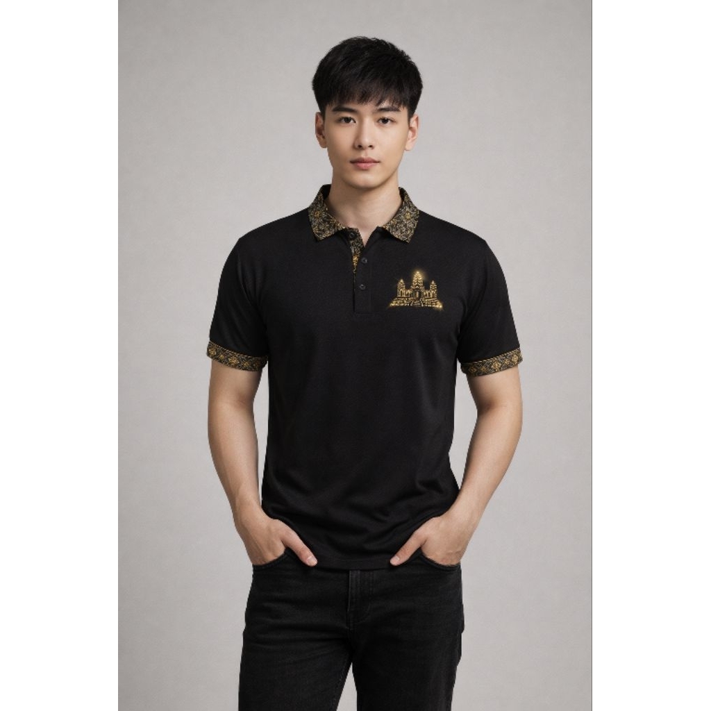 Áo Thun khmer Nam Polo Đen Họa Tiết Khmer Angkor