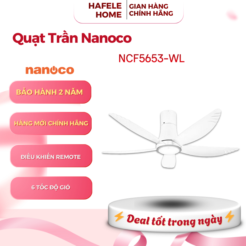 Quạt Trần Nanoco NCF5653-WL – 5 Cánh - Công Suất 69W Có Đèn LED - Kèm Remote – Làm Mát Êm Ái – EEH