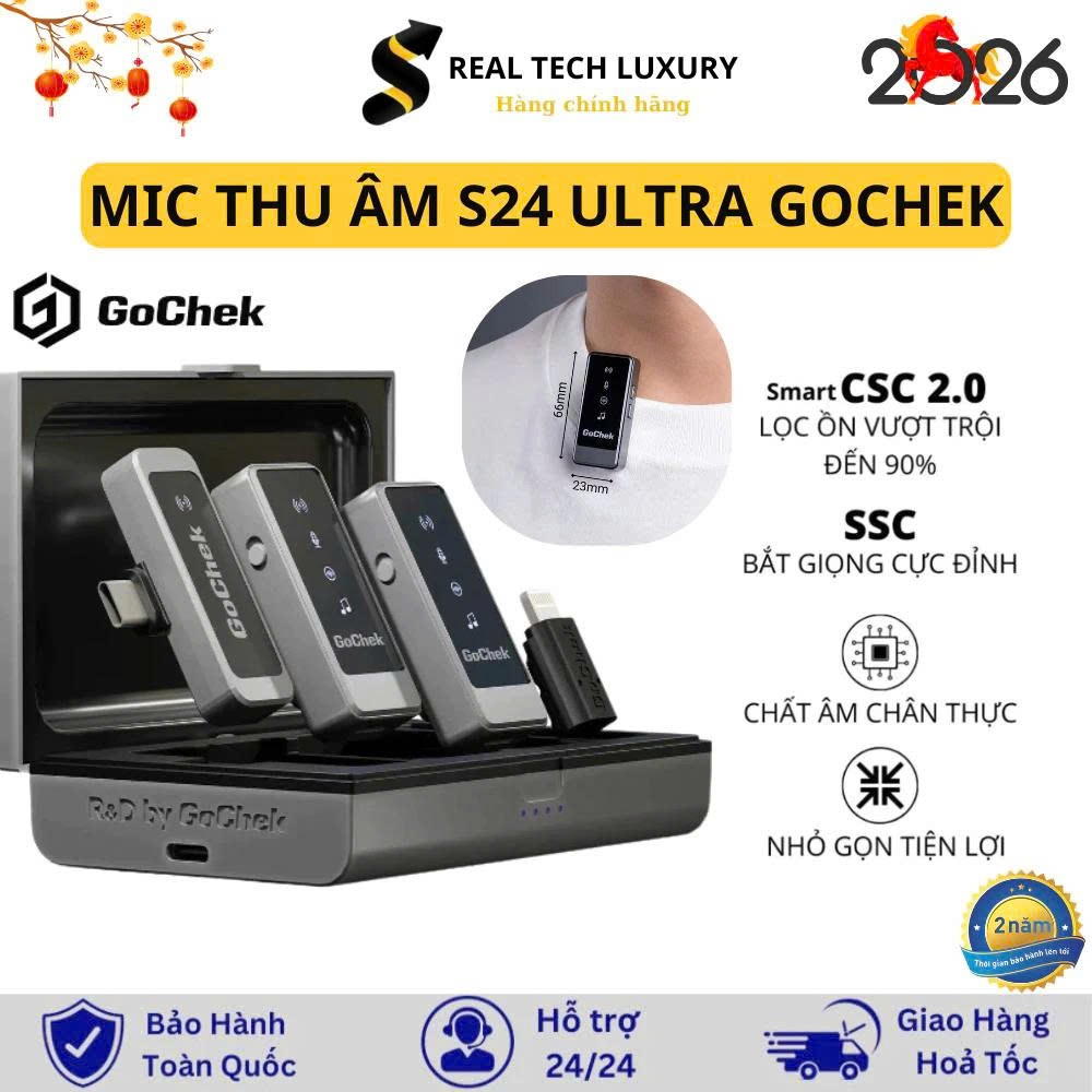 Mic Thu Âm Không Dây Gochek S24 ULTRA - Micro gocheck cài áo lọc tiếng ồn livestream Tích Hợp 2 Chân