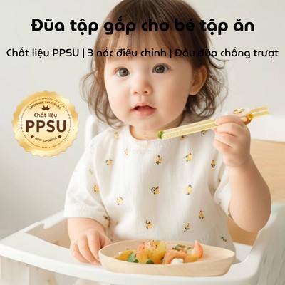 Đũa tập ăn tự động đàn hồi, PPSU cao cấp an toàn KidAndMom, chịu nhiệt độ cao cho bé từ 1 tuổi