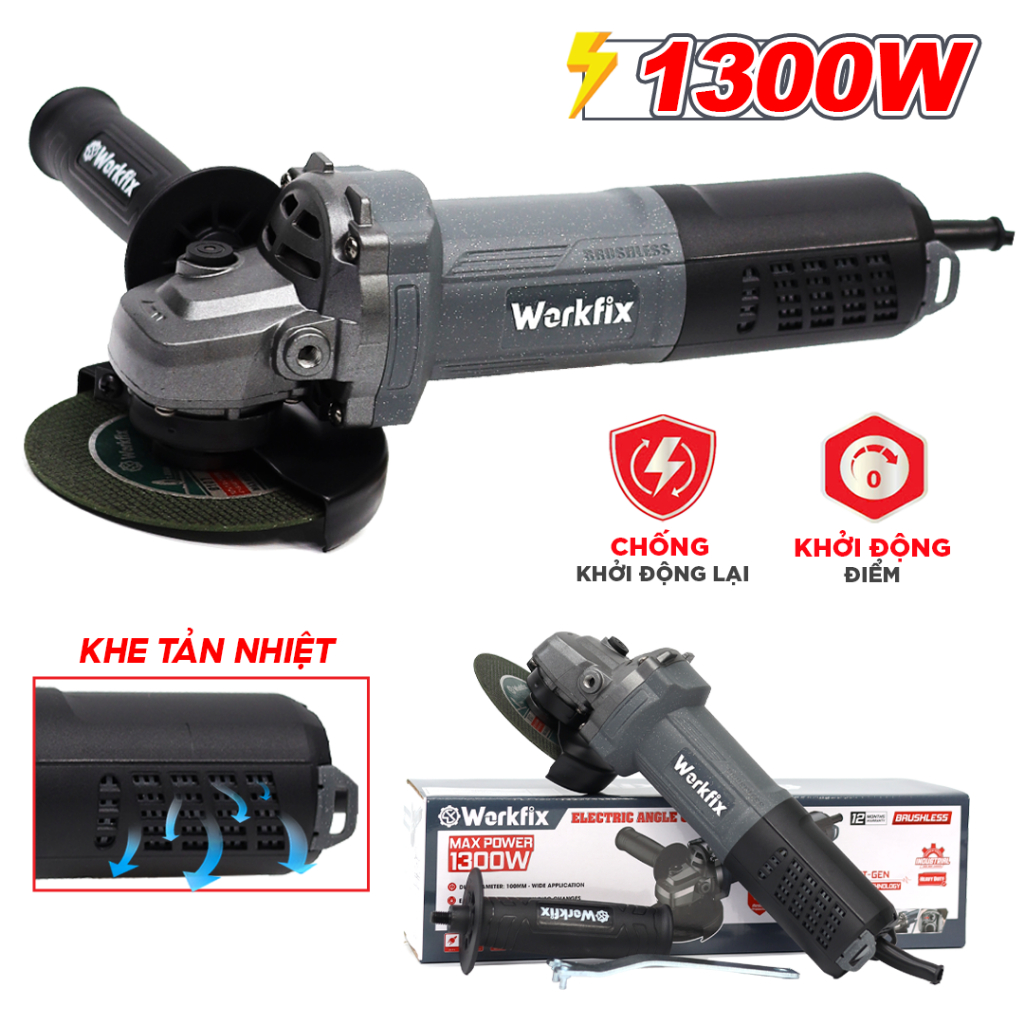 [MỚI-1300W] Máy Mài Trục WORKFIX WF-AG1300BL 100mm Công suất 1300w,Công Tắc Đuôi, Khe Tản Nhiệt, Dây