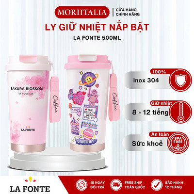 Ly Giữ Nhiệt Inox 304 Nắp Bật La Fonte Sakura, Unicorn 500ml – Có Dây Treo, Giữ Nhiệt 8–12 Giờ