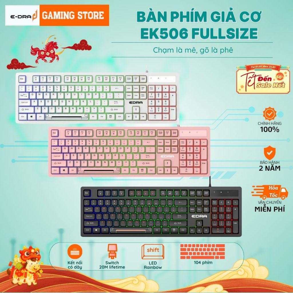 Bàn Phím Giá Rẻ EDRA EK506 có dây LED RGB màu đen/trắng, bàn phím văn phòng, chơi game Bào Hành 2năm