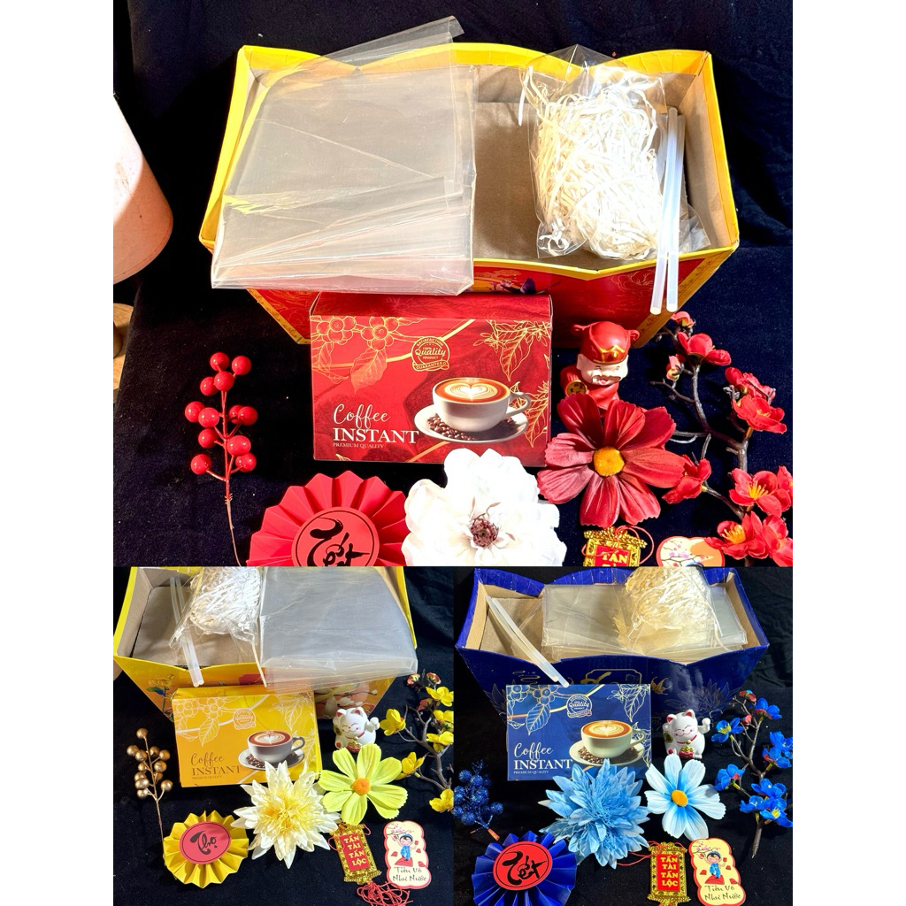 Combo Set Đế Thuyền mã Cà phê Màng Co. Hoa Lá . Phụ Kiện Trang Trí Giỏ Quà Tết 2026. Phụ Kiện Làm Gi