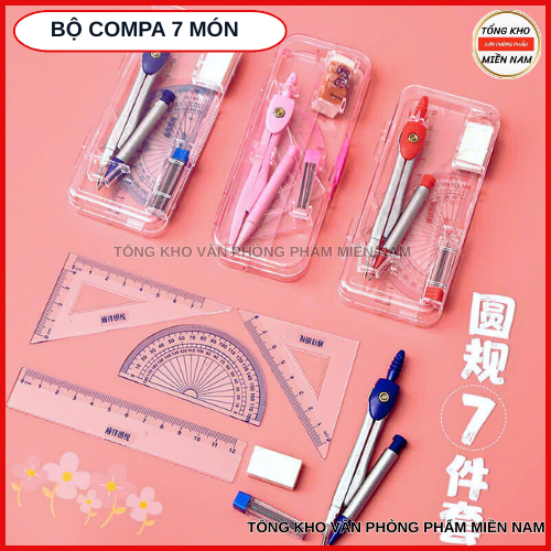 Bộ compa và thước kẻ 7 món - compa, eke, thước đo góc, thước thẳng, tẩy dành cho học sinh / Bộ dụng 
