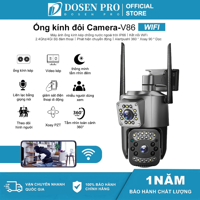 Camera V86 2 mắt Wifi/4G Dosen 5.0MP - xem 360 độ không góc chết, Tầm nhìn ban đêm, hai giao diện qu