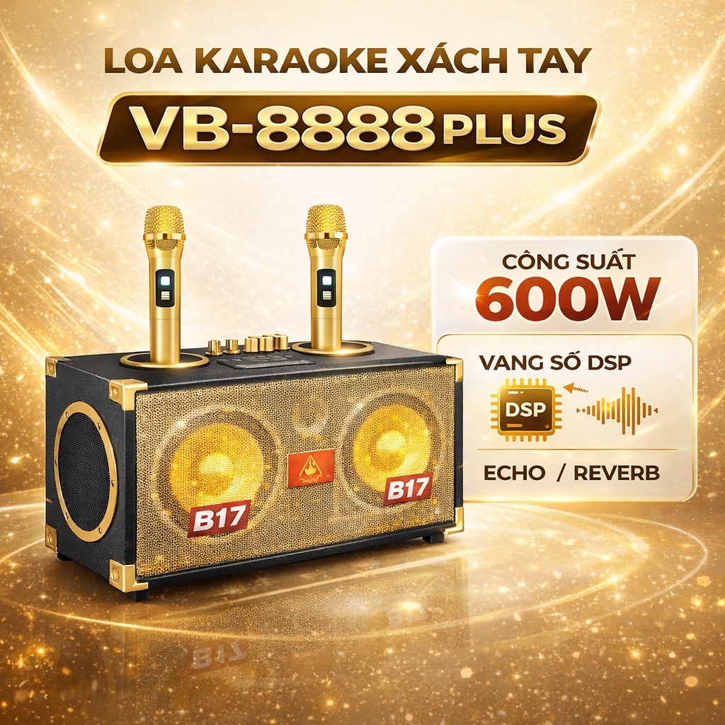 Loa Karaoke Xách Tay VB-8888Plus Bluetooth Công Suất 600W Kèm 2 Micro Không Dây Vang Số DSP