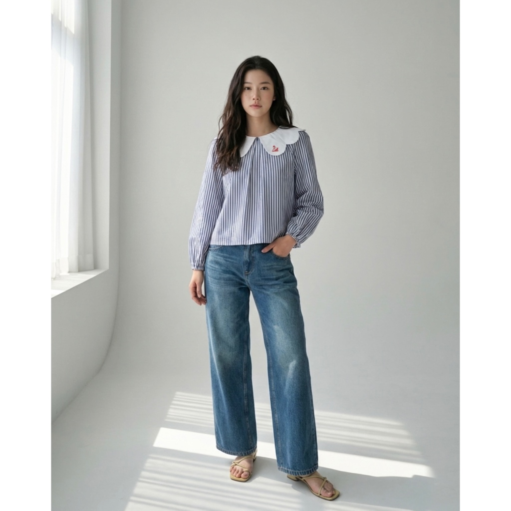 TheBlueTshirt - Áo sơ mi kẻ sọc cổ peter pan cách điệu búp bê tay dài - Swan Blouse | BigBuy360 - bigbuy360.vn