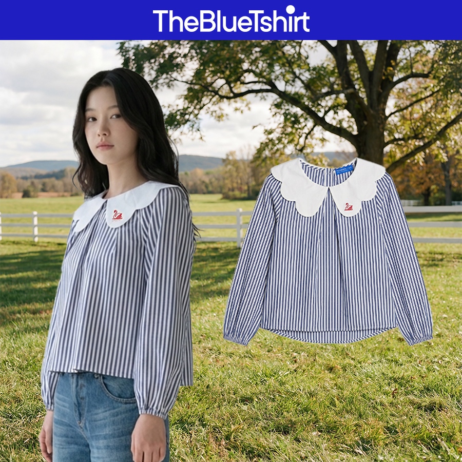 TheBlueTshirt - Áo sơ mi kẻ sọc cổ peter pan cách điệu búp bê tay dài - Swan Blouse