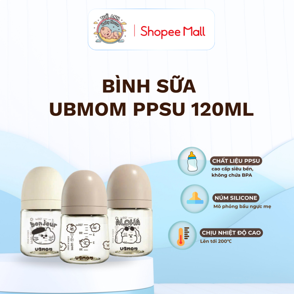 Bình Sữa PPSU UBMOM Cao Cấp Siêu Bền - Hoạ Tiết Dễ Thương, An Toàn Cho Trẻ Sơ Sinh, DT 120ML