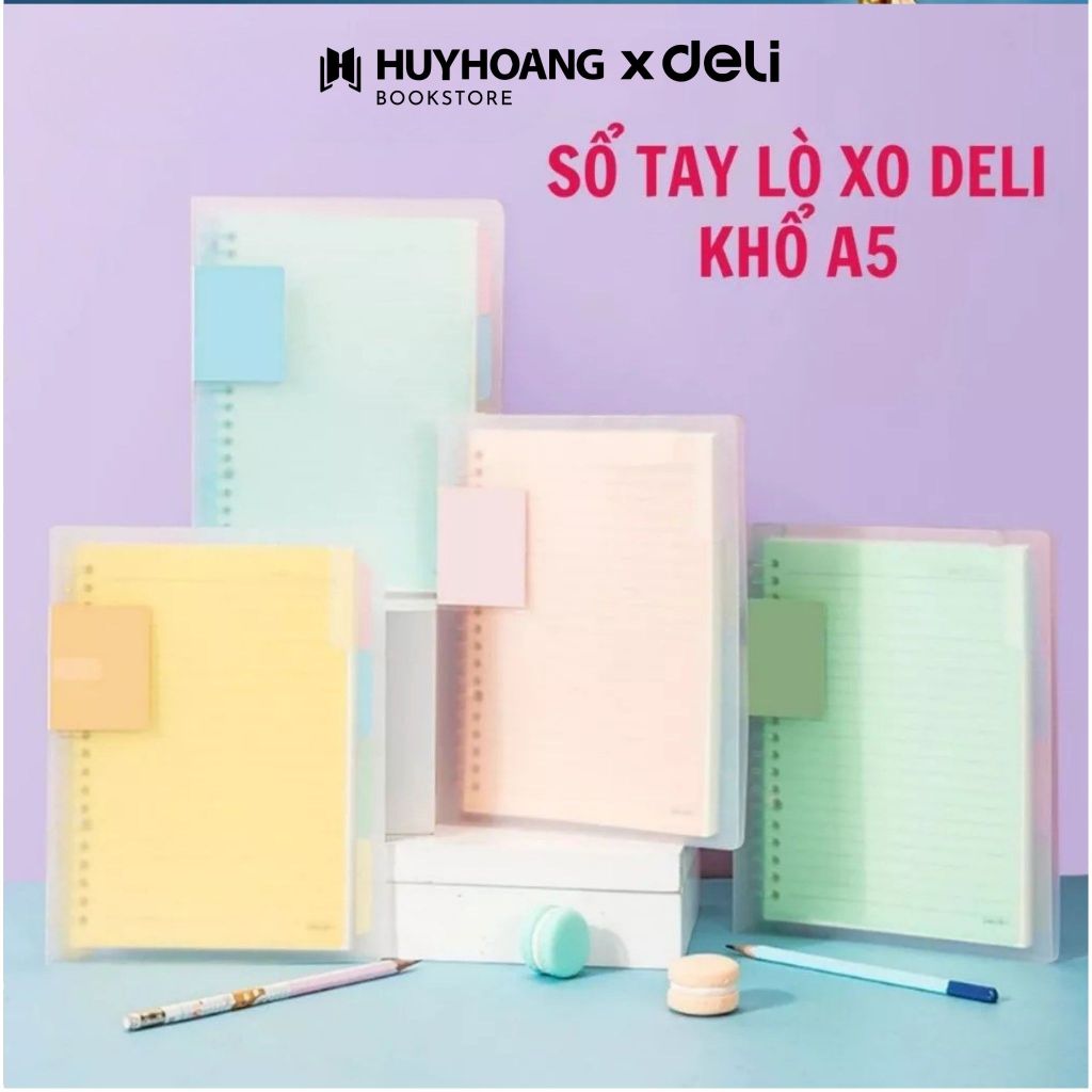 Sổ bìa còng kèm lõi Deli gáy lò xo khổ A5, có phân trang và sticker cute, làm planner bullet, VPP
